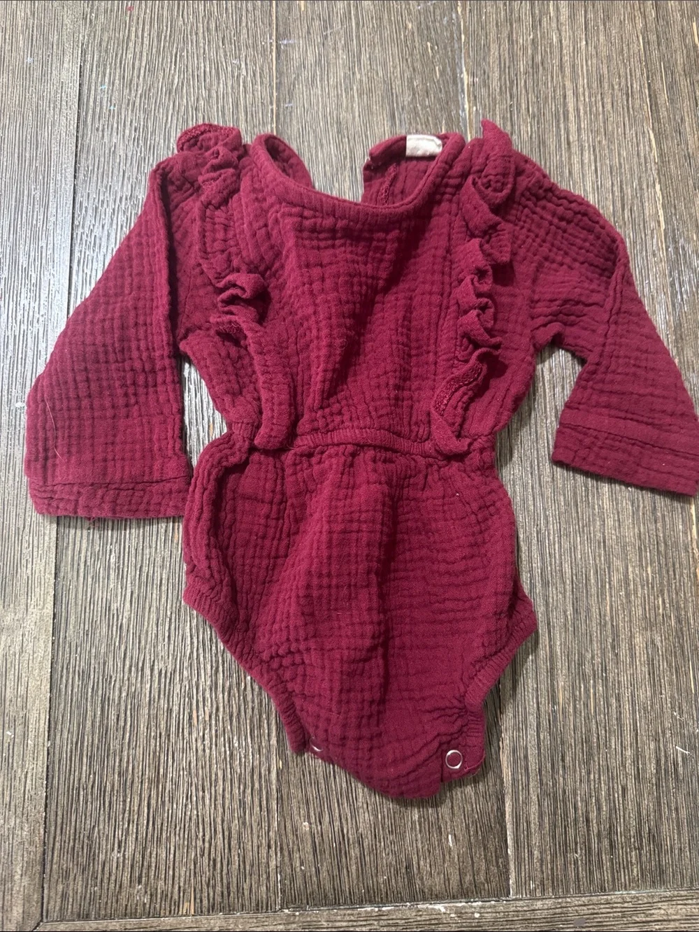 Baby Girl Burgundy Muslin Ruffle Bubble Romper | 3-6 Months (70)